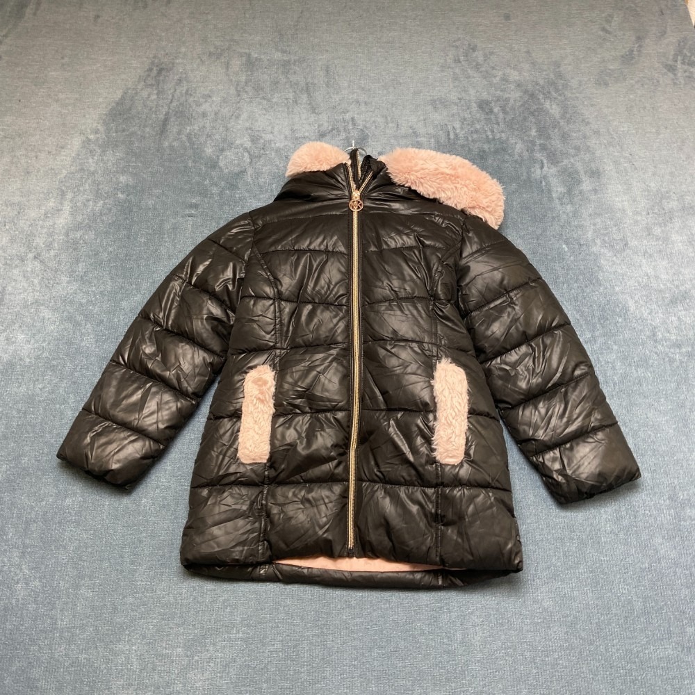 Michael Kors Puffer Jacket Girl Small Black Quilted Full Zip Fleece Lined Hooded